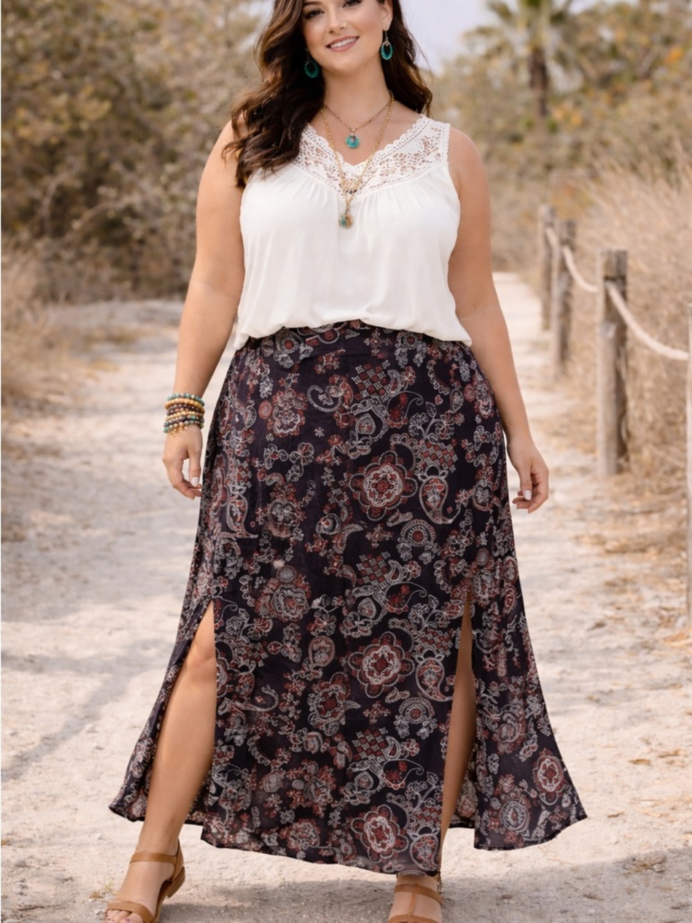 Studio 1940 Black Red Paisley Floral Boho Elastic Waist Maxi Skirt Size 2X